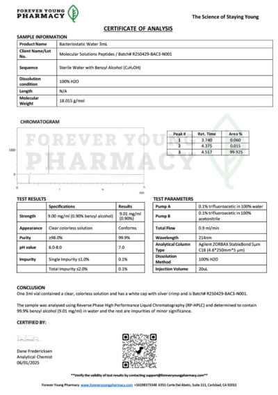 Bacteriostatic Water 3mL - COA - Molecular Solutions Peptides - 06.01.2025
