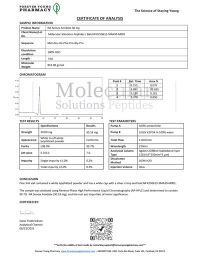 NA Semax Amidate 30mg - COA - Molecular Solutions Peptides - 06.23.2025