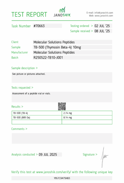 TB-500 (Thymosin Beta-4) 10mg - 2025-07-09-Jano Test Report #70663